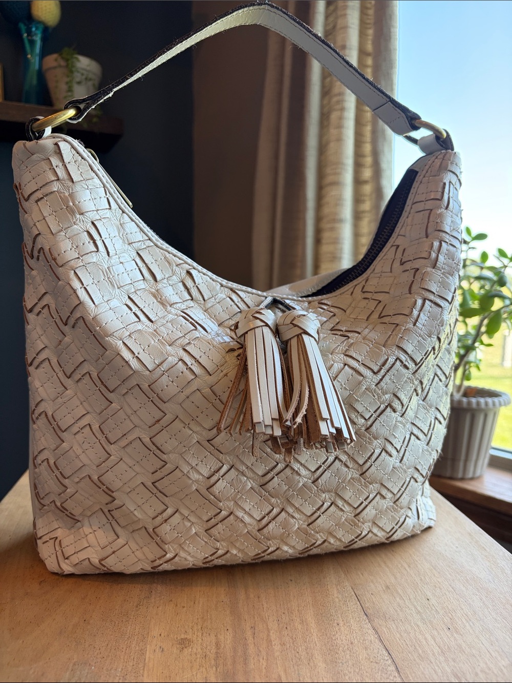 Patricia Nash Large White Braided Stitch Marcellina Leather Hobo Bag